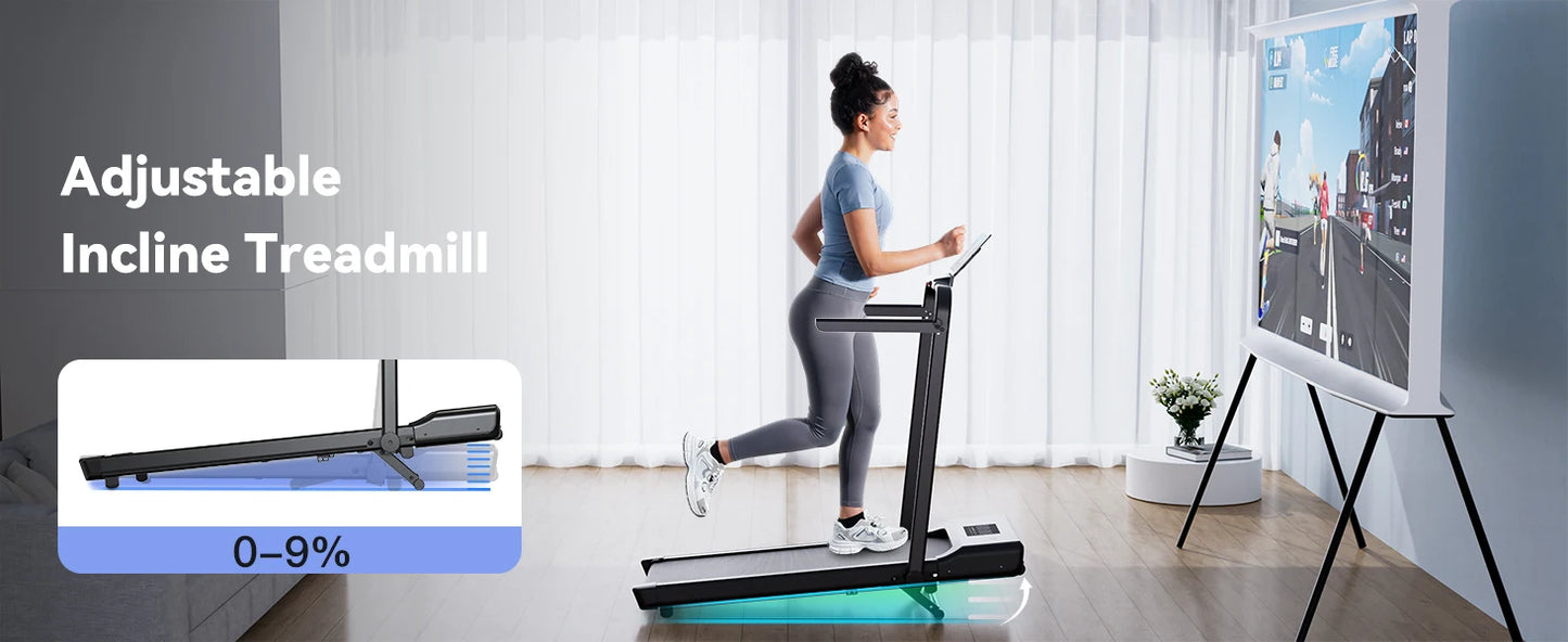 3 in 1 Superun Foldable Walking Pad with Handle, 3.0 HP Treadmill with 9% Incline Max 300LBS R